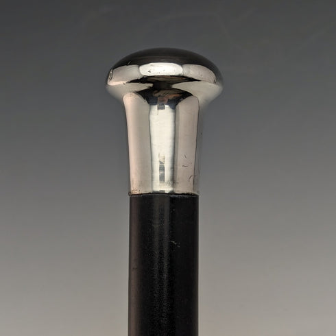 1924 British Vintage Men's Walking Stick, Sterling Silver, Round Handle, Black Shaft, 91.5cm